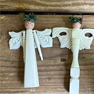 2 Vintage Spindle Wooden Angel Ornaments Folk Art Hand Painted Shabby Chic
